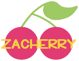 A logo of two cherries connected by a single stem, it reads ZACHERRY in yellow across the front of the fruit.